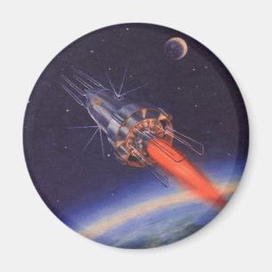 Vintage Science Fiction Rocket in Space over Earth Magnet