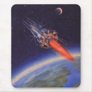 Vintage Science Fiction Rocket in Space over Earth Mouse Pad