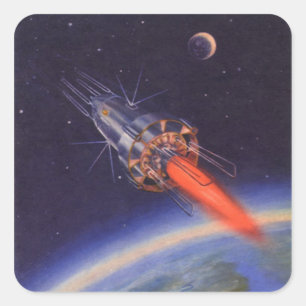 Vintage Science Fiction Rocket in Space over Earth Square Sticker