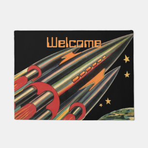 Vintage Science Fiction Rocket Ship by Space Stars Doormat