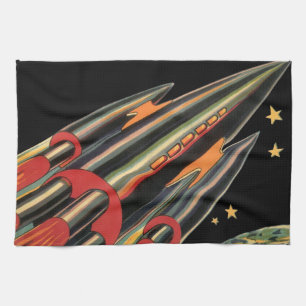 Vintage Science Fiction Rocket Ship by Space Stars Kitchen Towel