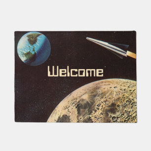 Vintage Science Fiction, Rocket Ship Over the Moon Doormat