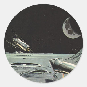 Vintage Science Fiction, Rocket Ships Moon Planets Classic Round Sticker