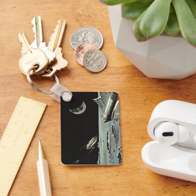 Vintage Science Fiction, Rocket Ships Moon Planets Keychain (Desk)