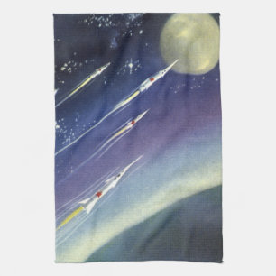 Vintage Science Fiction Rockets in Space by Planet Kitchen Towel