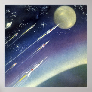 Vintage Science Fiction Rockets in Space by Planet Poster
