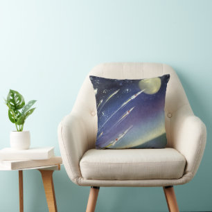 Vintage Science Fiction Rockets in Space by Planet Throw Pillow