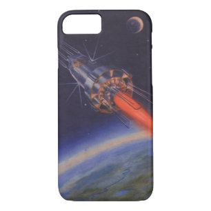 Vintage Science Fiction, Sci Fi Rocket over Earth iPhone 8/7 Case