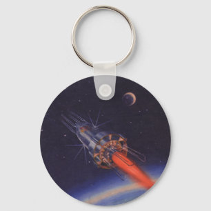 Vintage Science Fiction, Sci Fi Rocket over Earth Keychain