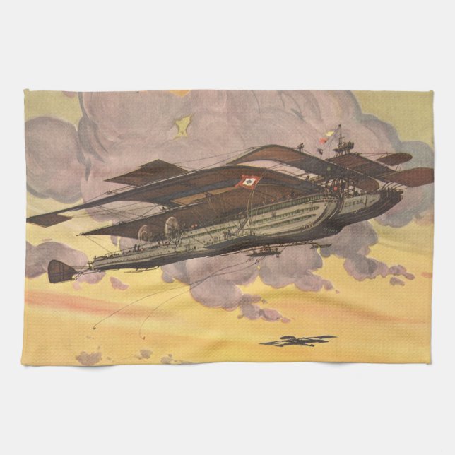 Vintage Science Fiction Seaplane Airplane Ship Kitchen Towel (Horizontal)