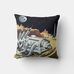 Vintage Science Fiction, Space Station on the Moon Throw Pillow