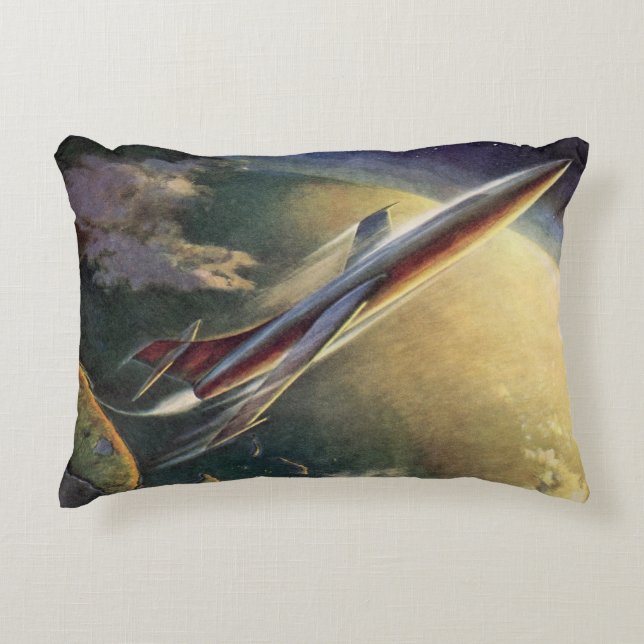 Vintage Science Fiction Spaceship Airplane Earth Accent Pillow (Front)