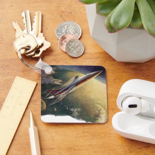 Vintage Science Fiction Spaceship Airplane Earth Keychain (Desk)