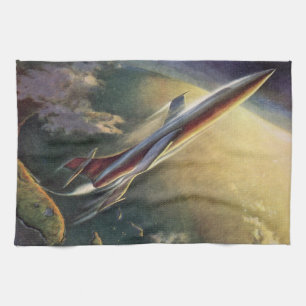 Vintage Science Fiction Spaceship Airplane Earth Kitchen Towel