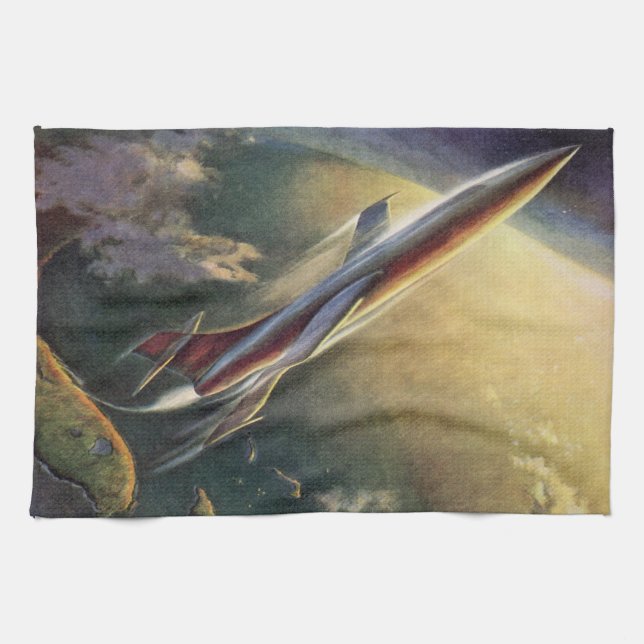 Vintage Science Fiction Spaceship Airplane Earth Kitchen Towel (Horizontal)