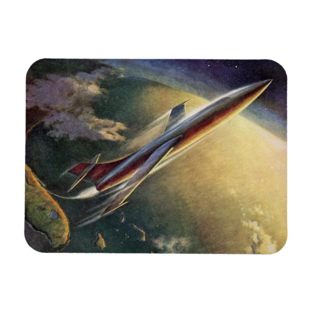 Vintage Science Fiction Spaceship Airplane Earth Magnet (Horizontal)