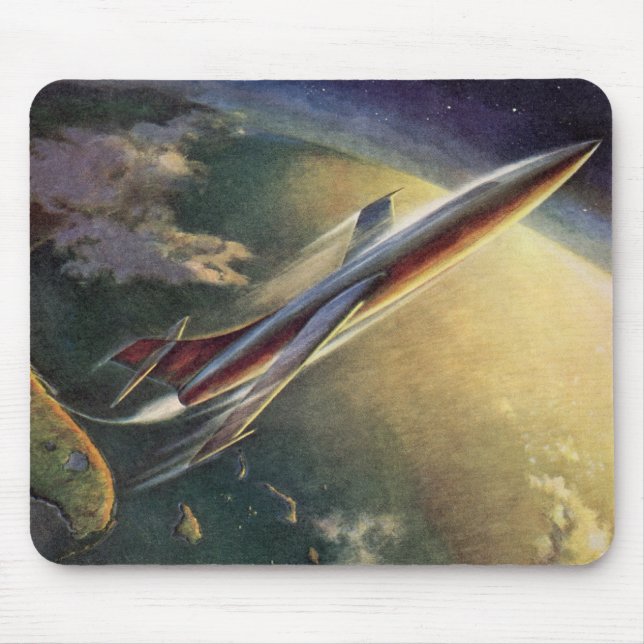 Vintage Science Fiction Spaceship Airplane Earth Mouse Pad (Front)