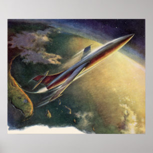 Vintage Science Fiction Spaceship Airplane Earth Poster