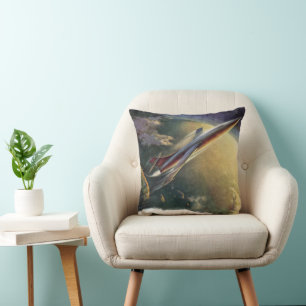Vintage Science Fiction Spaceship Airplane Earth Throw Pillow