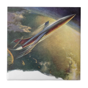 Vintage Science Fiction Spaceship Airplane Earth Tile