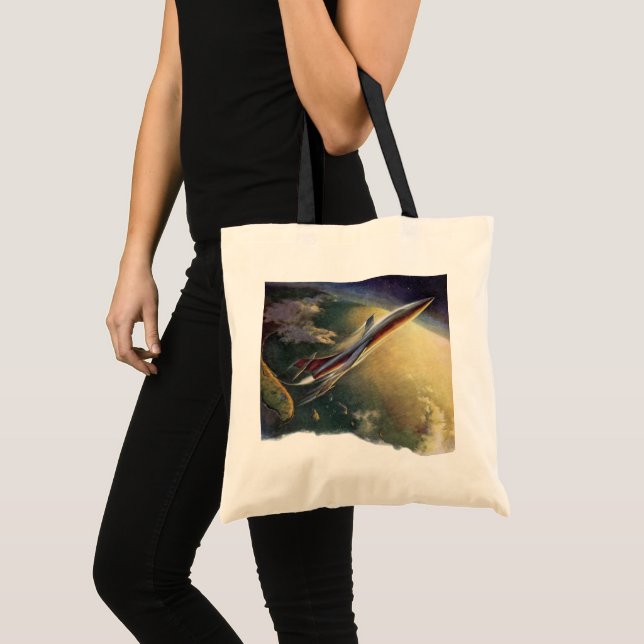 Vintage Science Fiction Spaceship Airplane Earth Tote Bag (Front (Product))