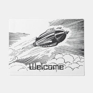 Vintage Science Fiction Spaceship Rocket in Clouds Doormat