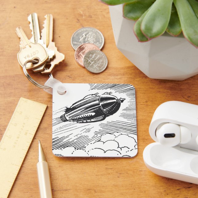 Vintage Science Fiction Spaceship Rocket in Clouds Keychain (Desk)