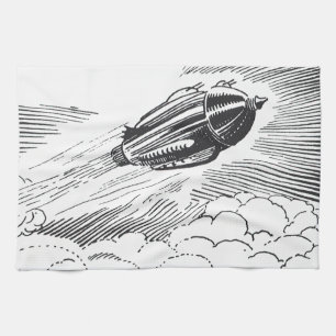 Vintage Science Fiction Spaceship Rocket in Clouds Kitchen Towel