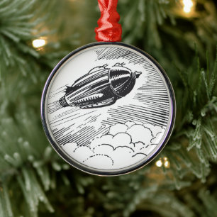 Vintage Science Fiction Spaceship Rocket in Clouds Metal Ornament