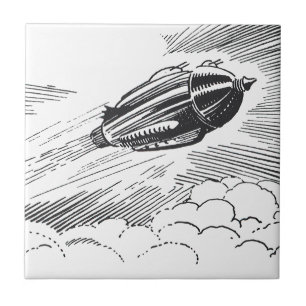 Vintage Science Fiction Spaceship Rocket in Clouds Tile