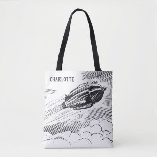 Vintage Science Fiction Spaceship Rocket in Clouds Tote Bag