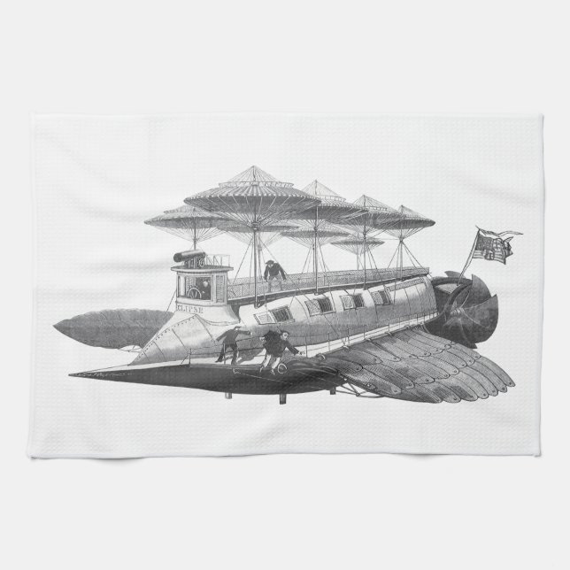 Vintage Science Fiction Steampunk Airship Eclipse Kitchen Towel (Horizontal)