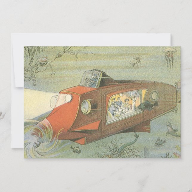 Vintage Science Fiction Steampunk Submarine in Sea (Front)