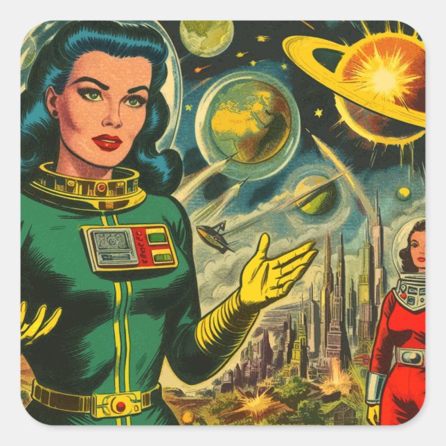 Vintage Science Fiction Woman Comics Square Sticker (Front)