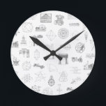 Vintage Science Illustrations Black White Pattern Round Clock<br><div class="desc">Vintage black and white diagram and blueprint pattern. Image themes include science,  mathematics,  buildings and monuments,  astronomy,  and manufacturing. There is an antique car blueprint,  an old eclipse diagram,  and more.

Makes a great birthday,  Christmas,  or other holiday gift,  especially for those who love science and engineering history!</div>