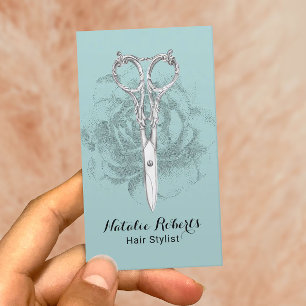 Vintage Scissor & Flower Hair Stylist Mint Blue Business Card