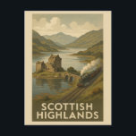 Vintage Scotland Scottish Highlands Castle Travel Postcard<br><div class="desc">Anyone would love to receive this vintage Scottish travel poster postcard featuring a retro illustration of a train and a castle in the Scotland Highlands!</div>