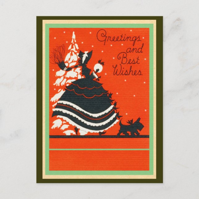 Vintage Scottie Dog and Lady Holiday Postcard (Front)