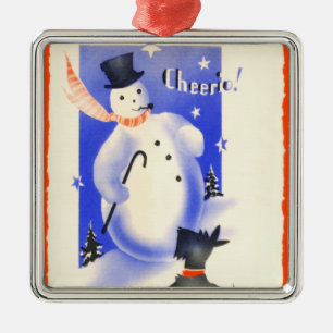Vintage Scottie Dog and Snowman Metal Ornament