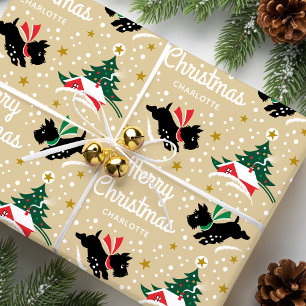 Vintage Scottie Dog Christmas Custom Name Gold Wrapping Paper