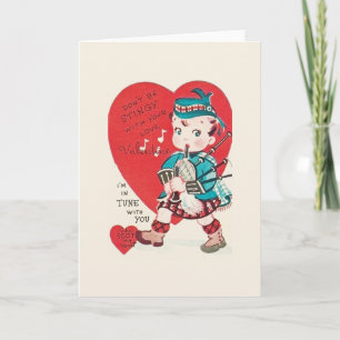 Vintage Scottish Bagpiper Valentine Holiday Card