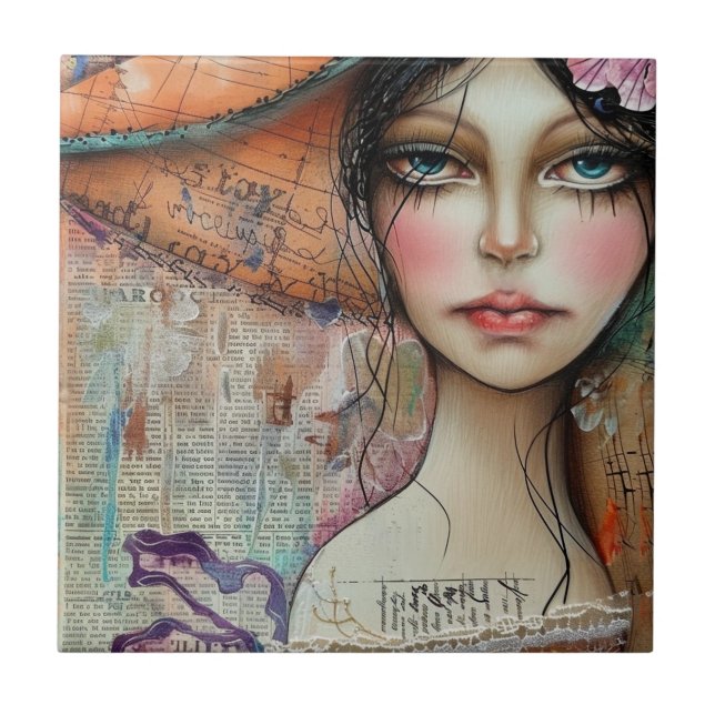 Vintage Scrapbook Collage Face (10) Tile (Front)
