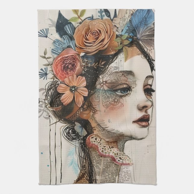Vintage Scrapbook Collage Face (2) Kitchen Towel (Vertical)