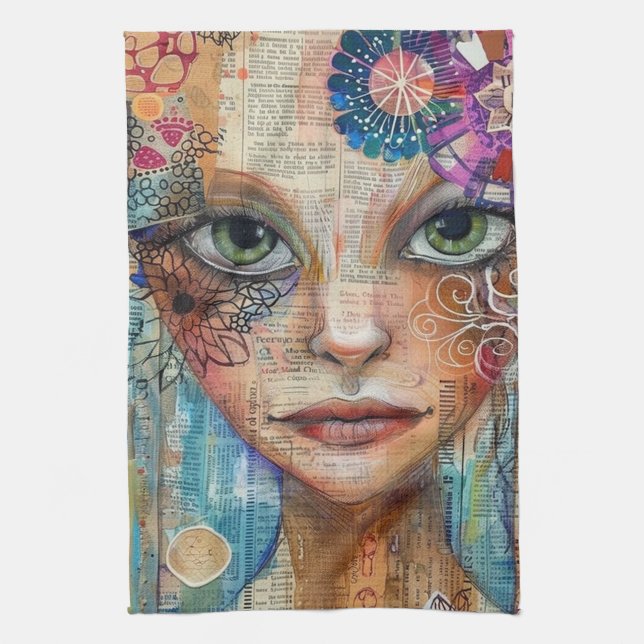 Vintage Scrapbook Collage Face (3) Kitchen Towel (Vertical)