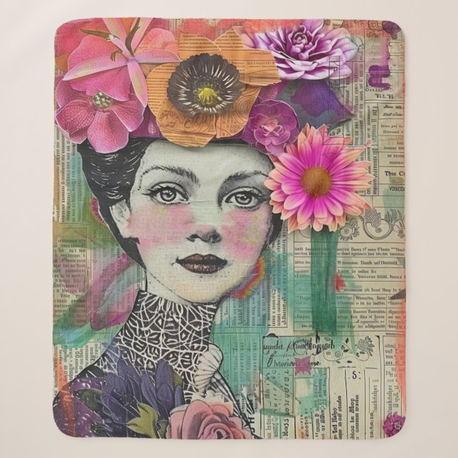 Vintage Scrapbook Collage Face (5) Sherpa Blanket (Front)