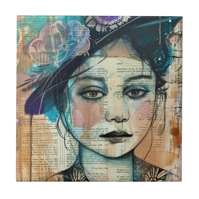 Vintage Scrapbook Collage Face (7) Tile (Front)