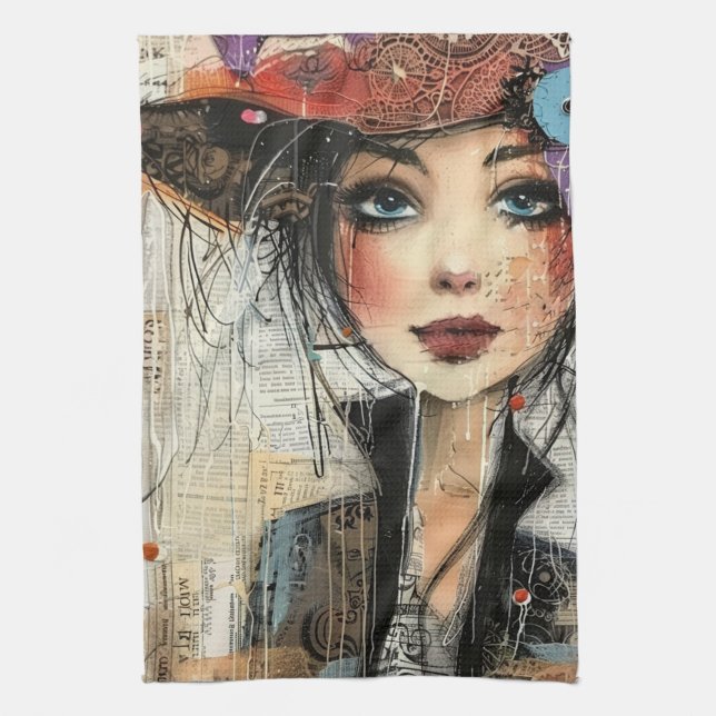Vintage Scrapbook Collage Face (8) Kitchen Towel (Vertical)