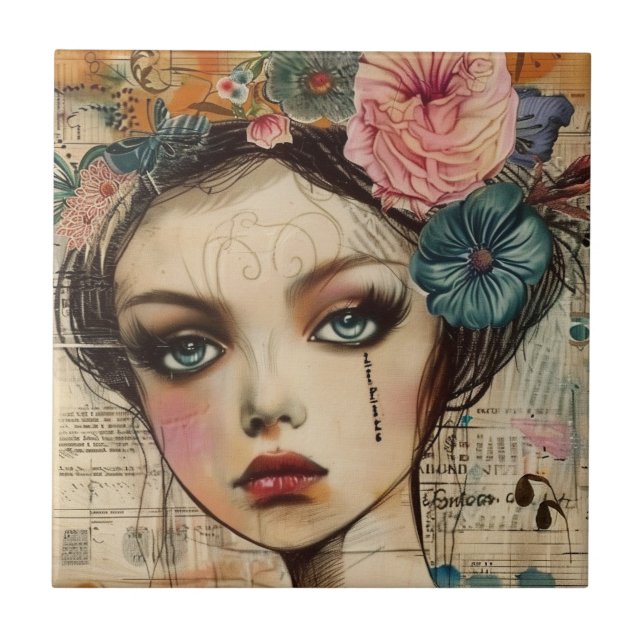 Vintage Scrapbook Collage Face (9) Tile (Front)