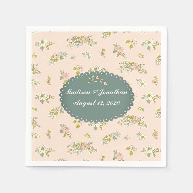 Vintage Script Blush Pink Floral Wedding Napkin (Front)