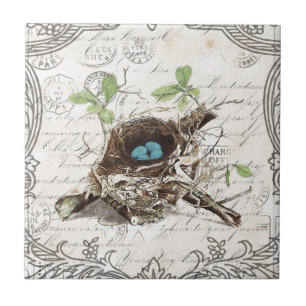 vintage script ephemera bird nest french botanical tile